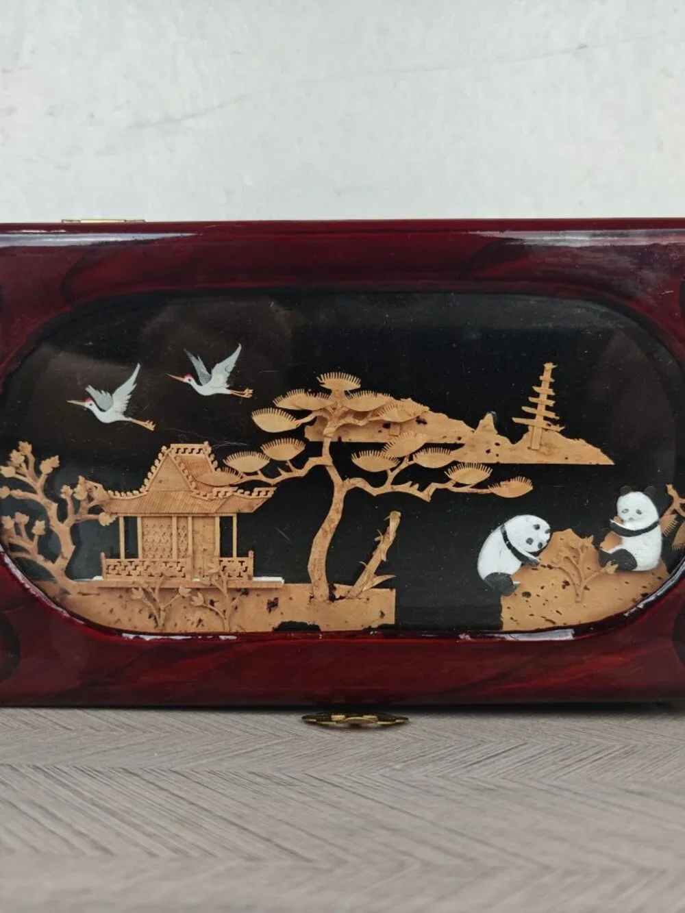 Vintage Chinese Lacquered Wooden Jewelry Box 3D Panda Crane Pagoda Asian